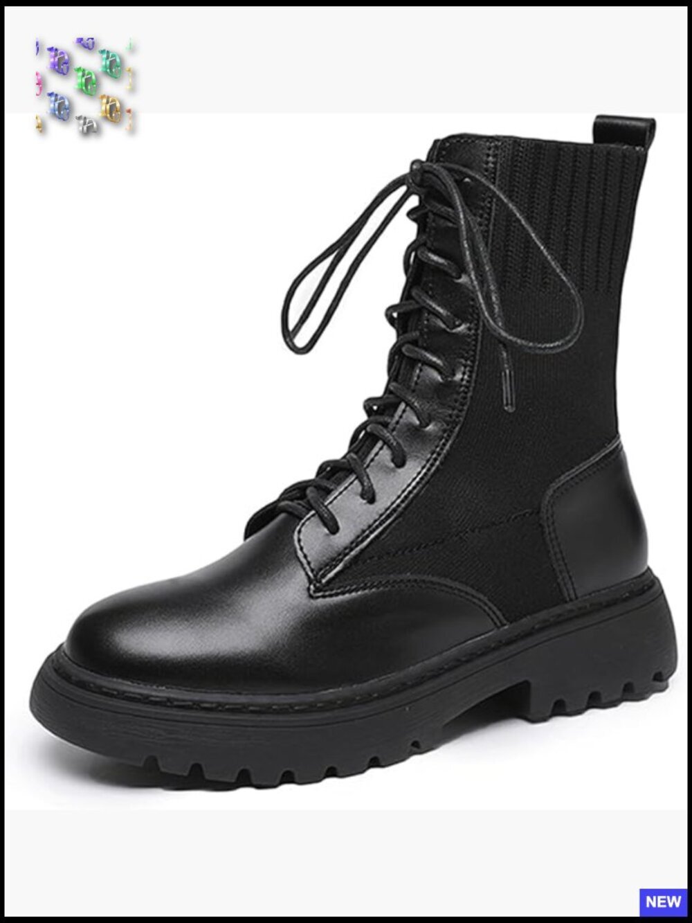 Knit Sock Cuff Platform Combat Ankle Boots Chunky Heel Lug Sole Lace Up